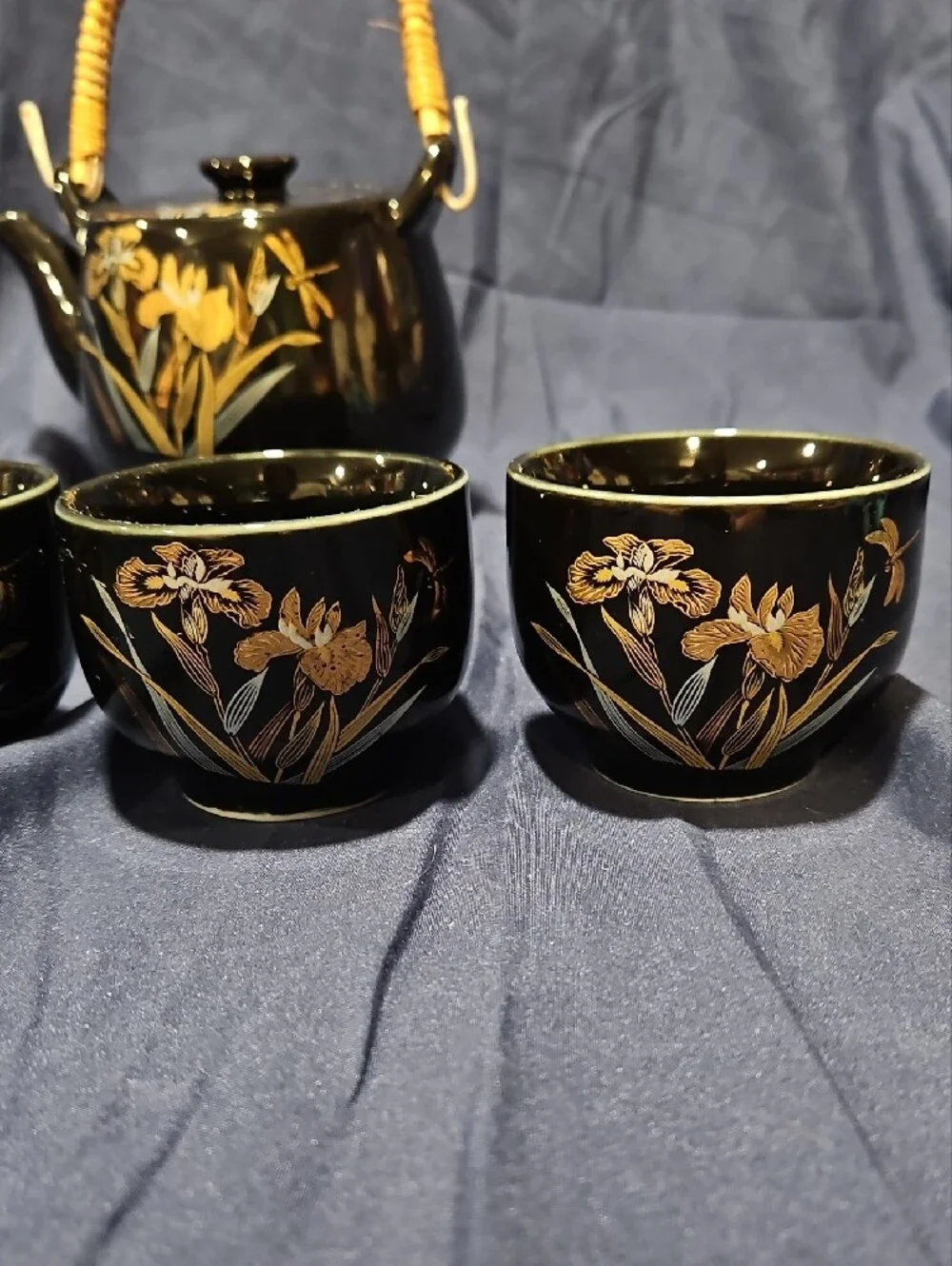 Black and Gold Floral Porcelain Tea Set with Woven Handle